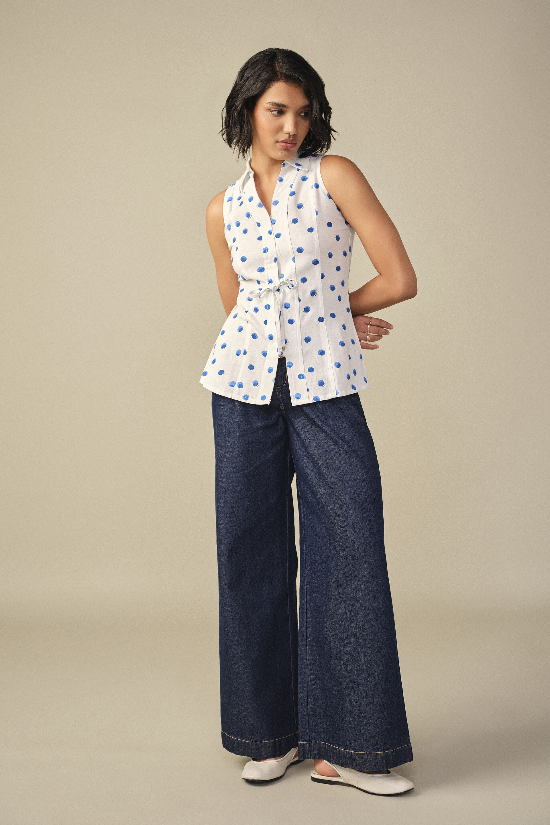 Polka Tapered Top in White, White, image 4